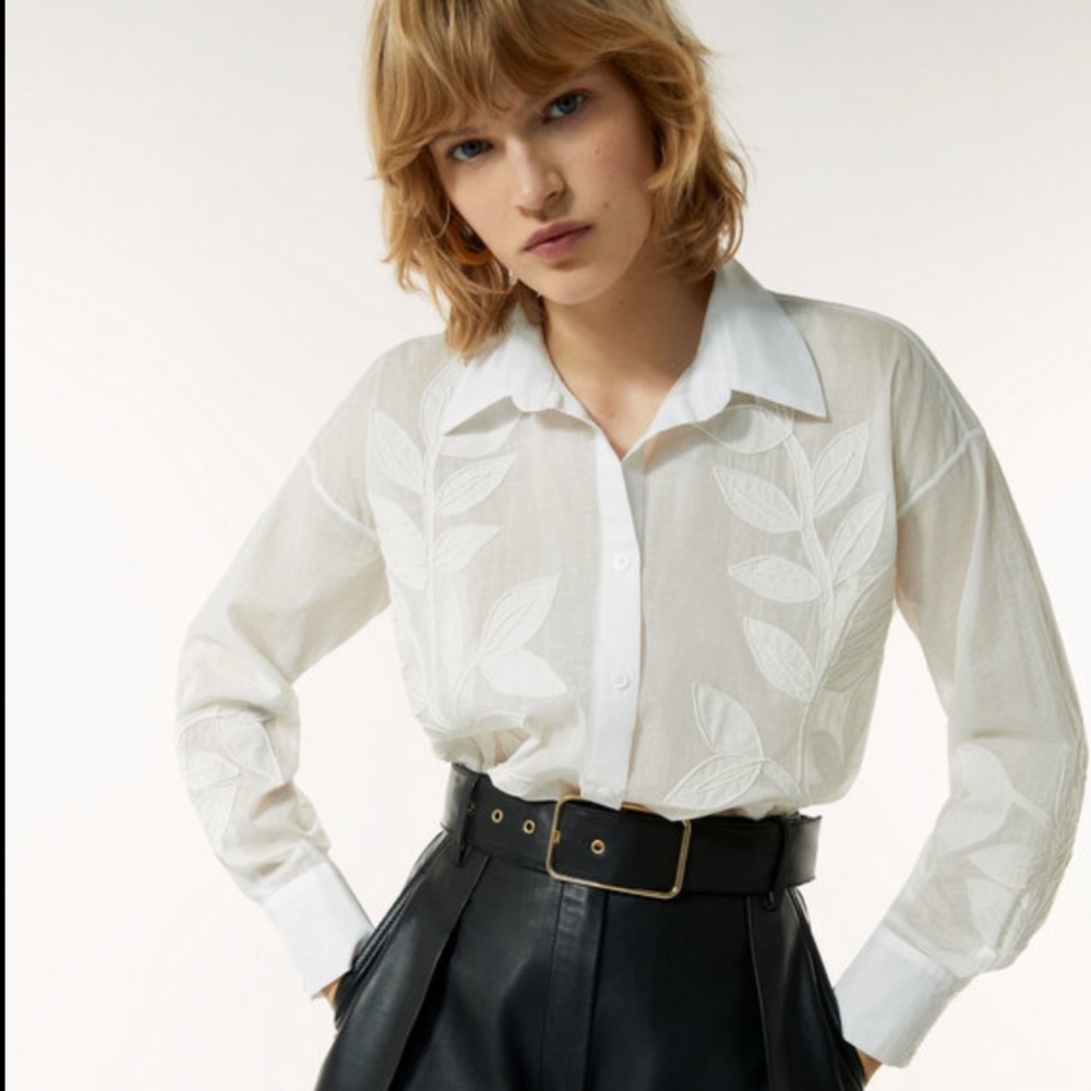 Uterque Raw Lightweight Cotton Embroidery Button Down Shirt